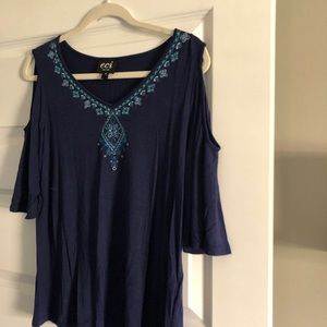 Med blue half slv-cold shoulder top